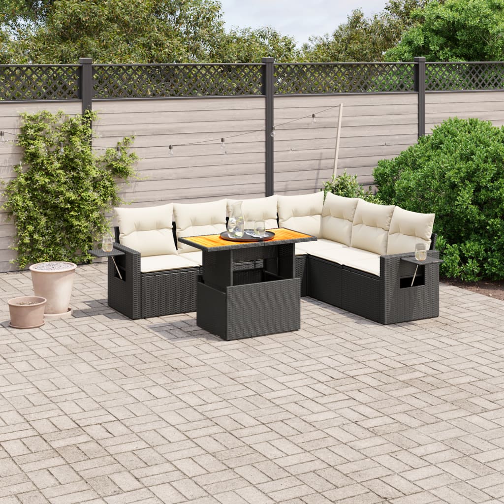 vidaXL 7-tlg. Garten-Sofagarnitur mit Kissen Schwarz Poly Rattan