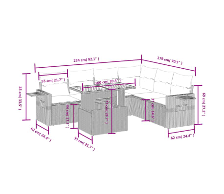 vidaXL 7 pcs conjunto de sof&aacute;s p/ jardim com almofad&otilde;es vime PE bege