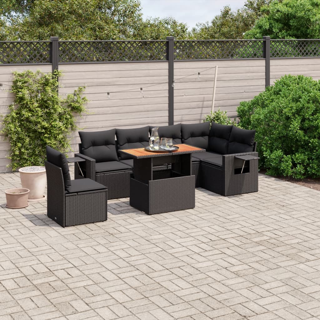 7-tlg. Garten-Sofagarnitur mit Kissen Schwarz Poly Rattan