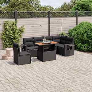 Vrtna sedežna garnitura 7-delna z blazinami črn poli ratan