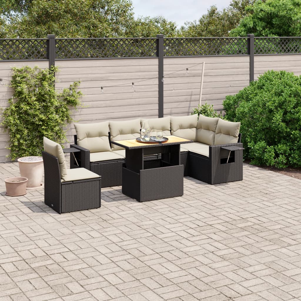 vidaXL 7-tlg. Garten-Sofagarnitur mit Kissen Schwarz Poly Rattan