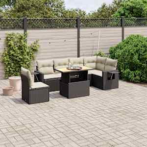 Vrtna sedežna garnitura 7-delna z blazinami črn poli ratan