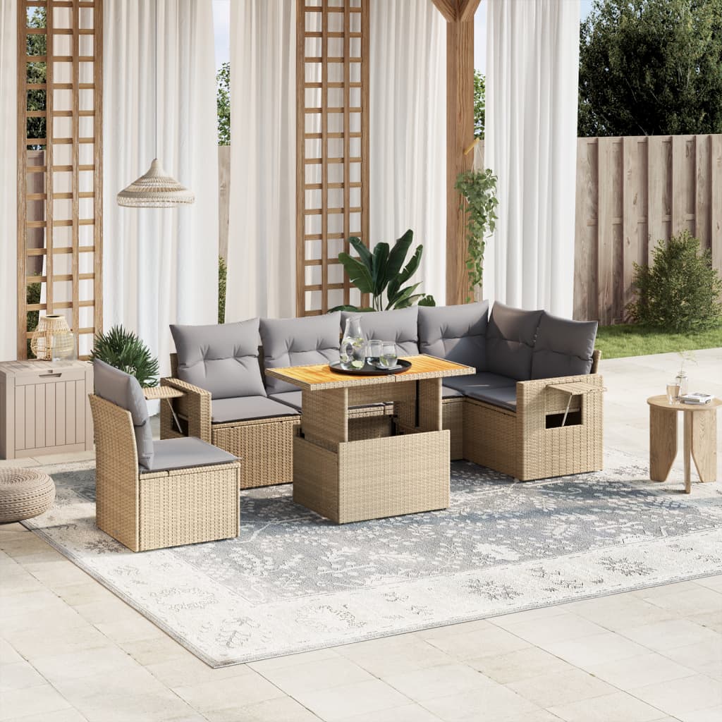 vidaXL 7-tlg. Garten-Sofagarnitur mit Kissen Beige Poly Rattan