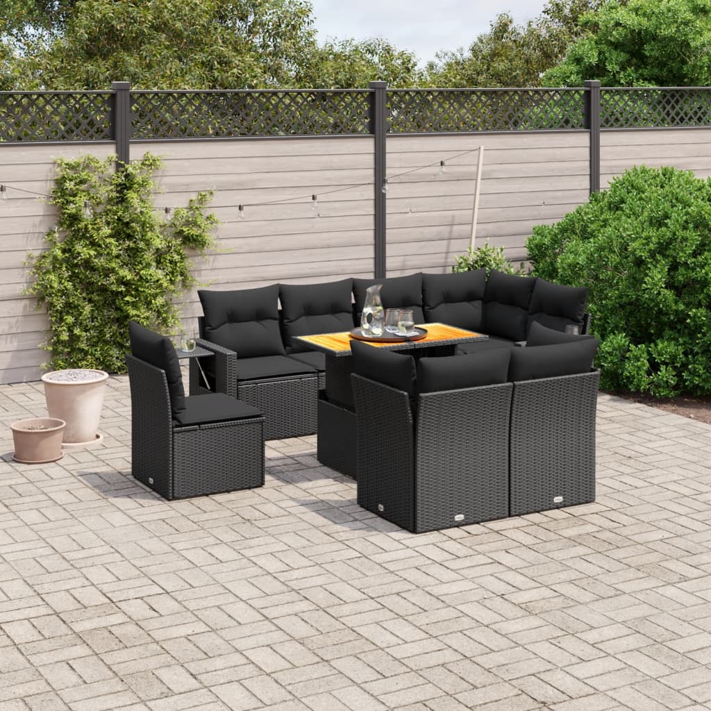 vidaXL 9-tlg. Garten-Sofagarnitur mit Kissen Schwarz Poly Rattan