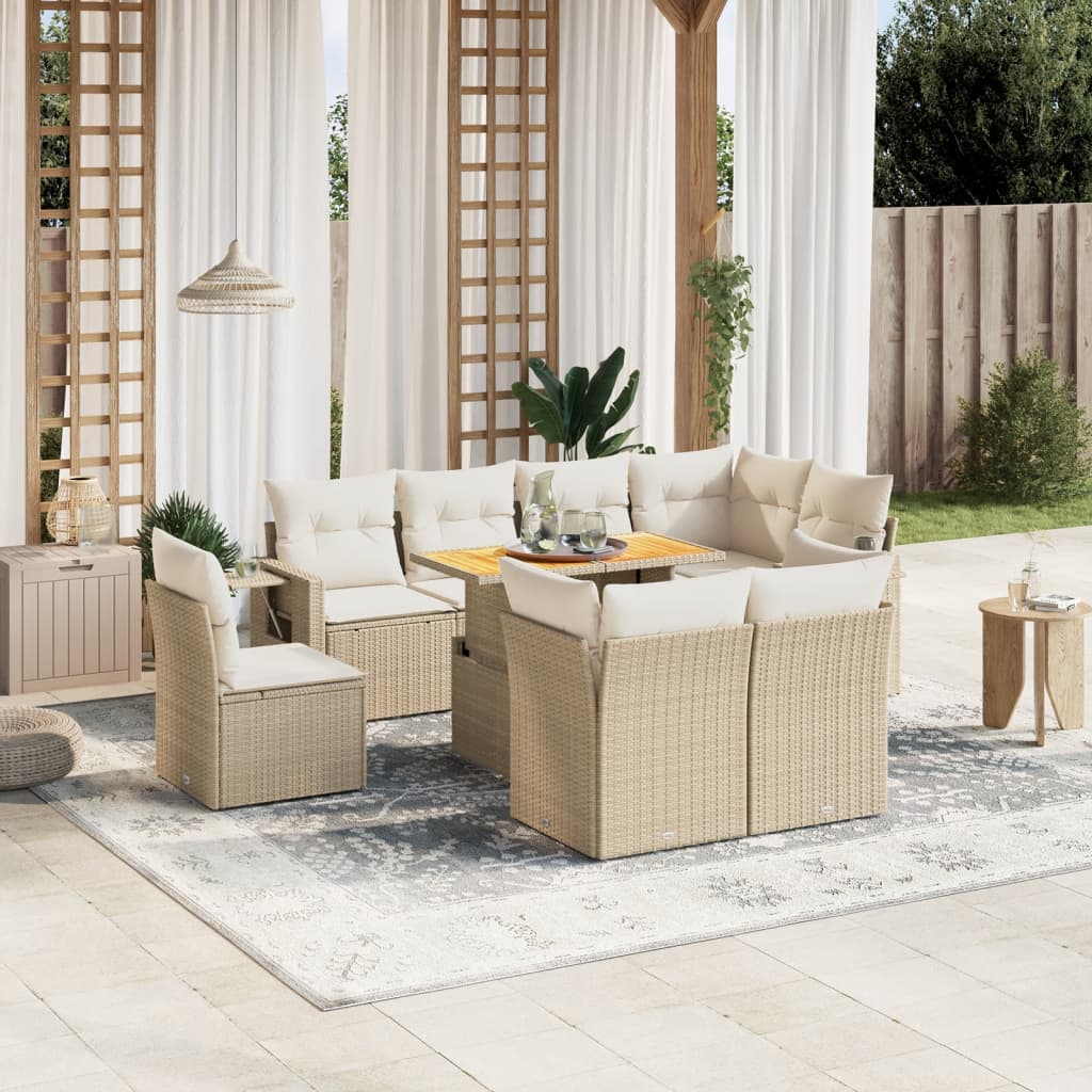 vidaXL 9-tlg. Garten-Sofagarnitur mit Kissen Beige Poly Rattan