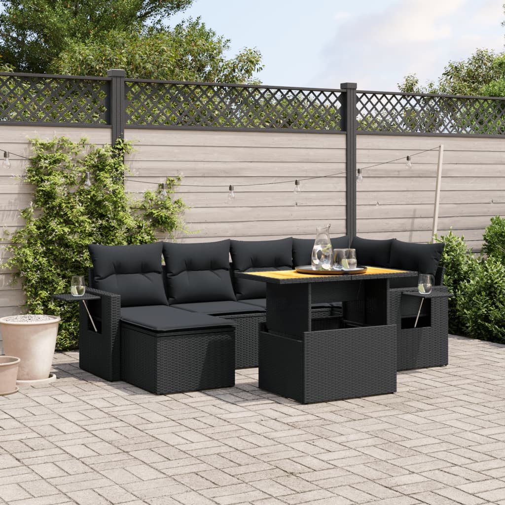 7-tlg. Garten-Sofagarnitur mit Kissen Schwarz Poly Rattan