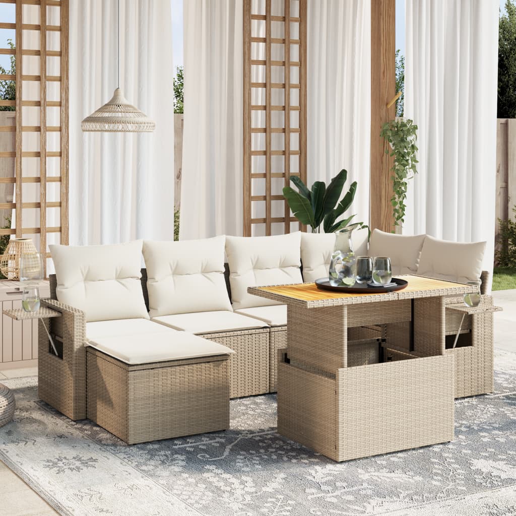 vidaXL 7-tlg. Garten-Sofagarnitur mit Kissen Beige Poly Rattan