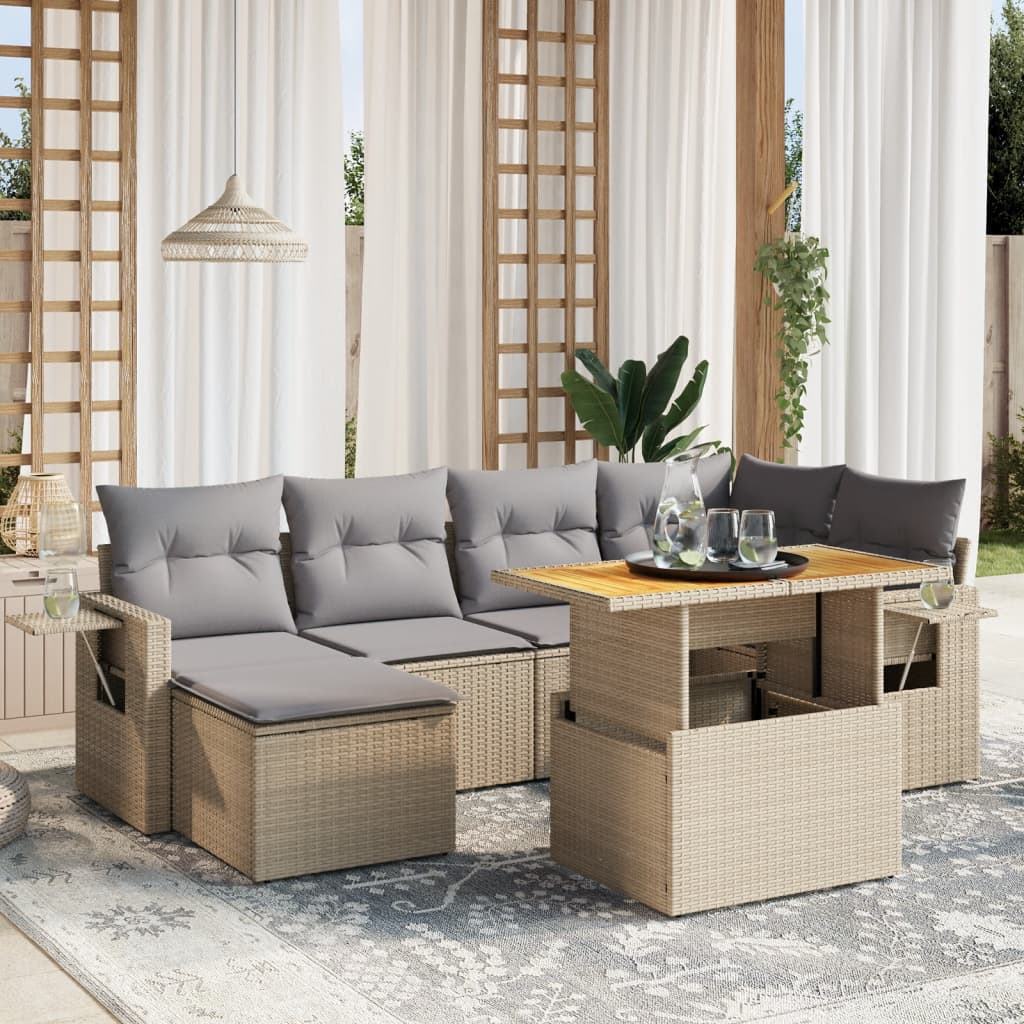 vidaXL 7-tlg. Garten-Sofagarnitur mit Kissen Beige Poly Rattan