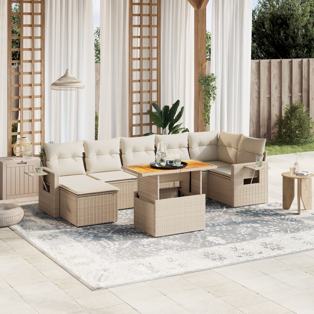 vidaXL 8-tlg. Garten-Sofagarnitur mit Kissen Beige Poly Rattan