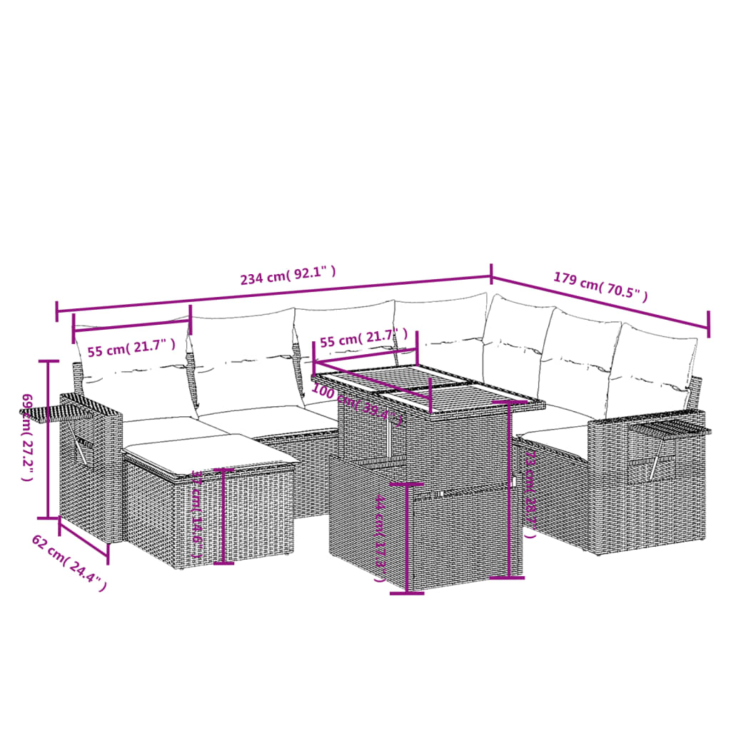 Set mobilier de grădină cu perne, 8 piese, negru, poliratan 3271867 - imagine 3
