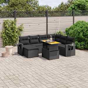 Vrtna sedežna garnitura 8-delna z blazinami črn poli ratan