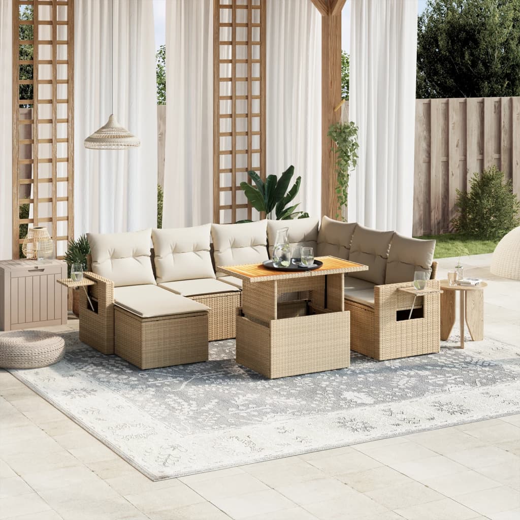 vidaXL 8-tlg. Garten-Sofagarnitur mit Kissen Beige Poly Rattan