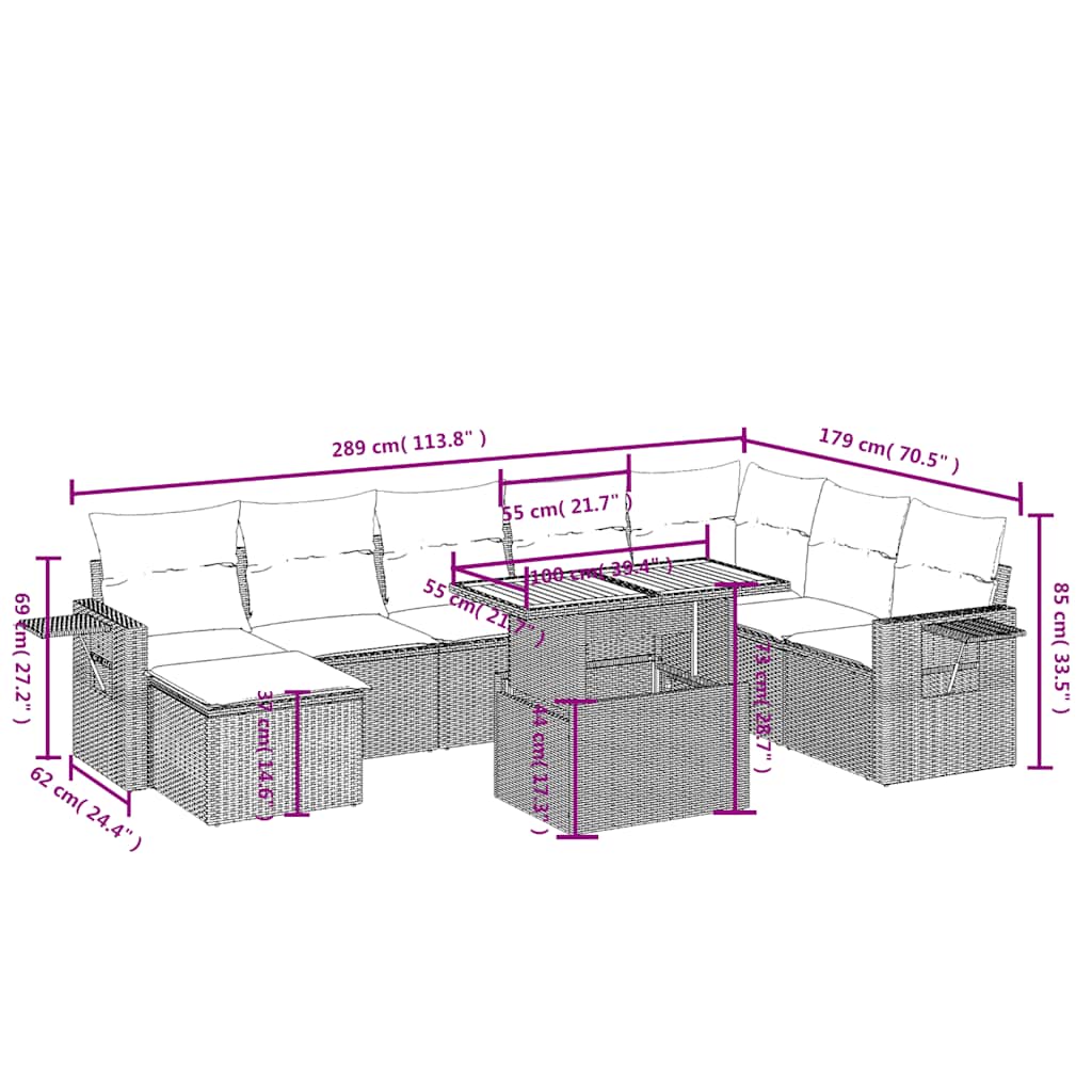 Set mobilier de grădină cu perne, 9 piese, negru, poliratan 3271888 - imagine 3