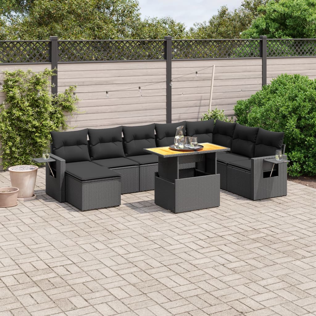 vidaXL 9-tlg. Garten-Sofagarnitur mit Kissen Schwarz Poly Rattan