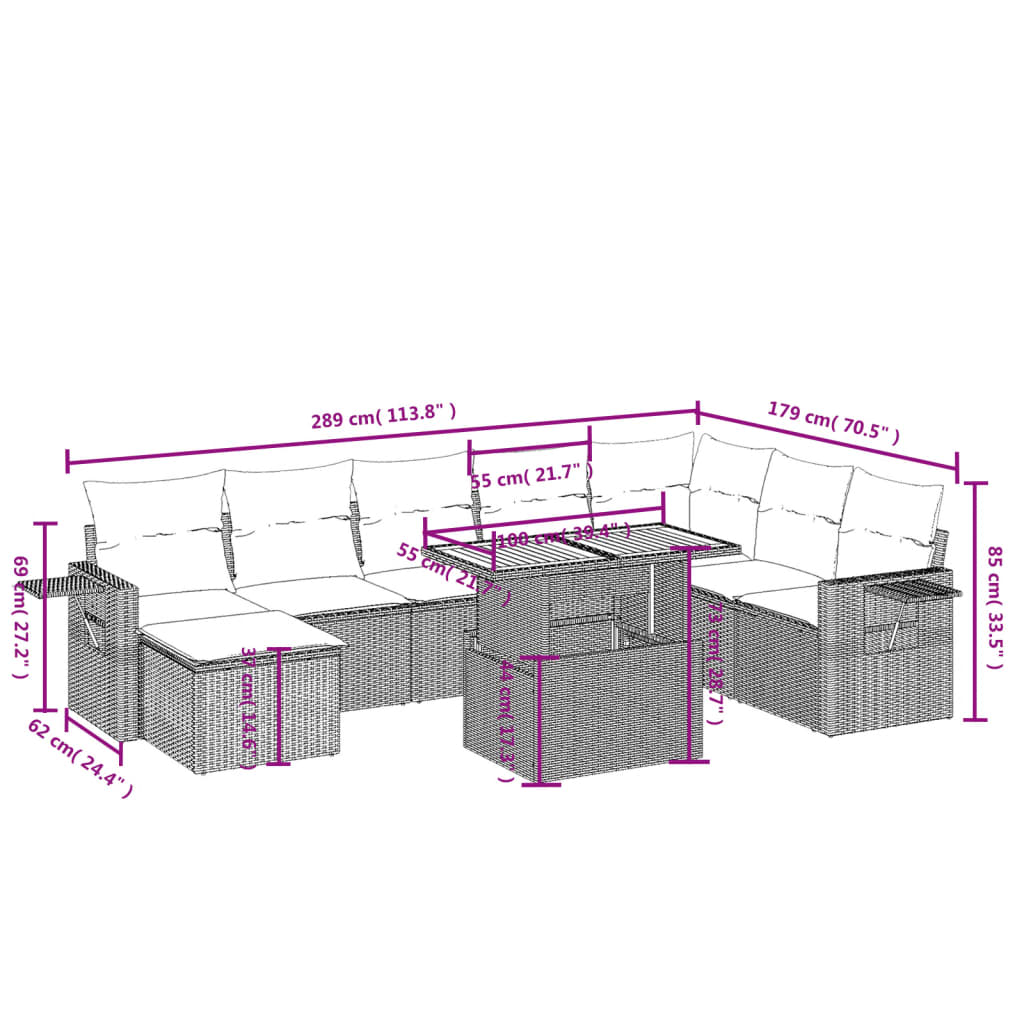Set mobilier de grădină cu perne, 9 piese, negru, poliratan 3271889 - imagine 3