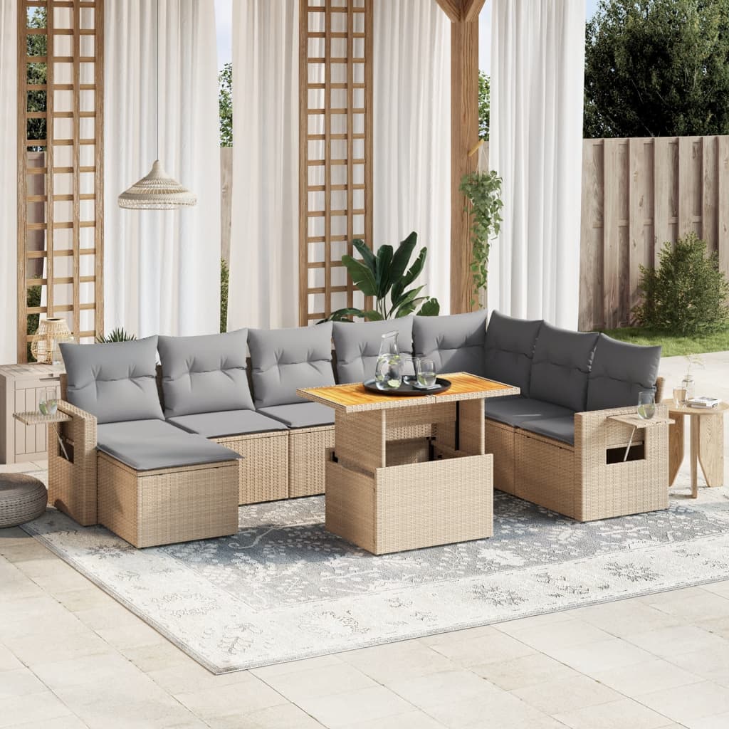 vidaXL Set canapele de grădină, 9 piese, cu perne, bej, poliratan