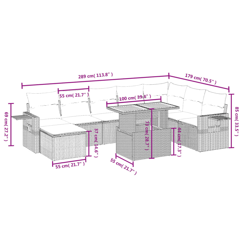 vidaXL 9-delige Loungeset met kussens poly rattan grijs afbeelding