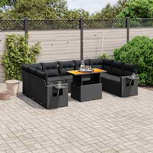 Vrtna sedežna garnitura 10-delna z blazinami črn poli ratan