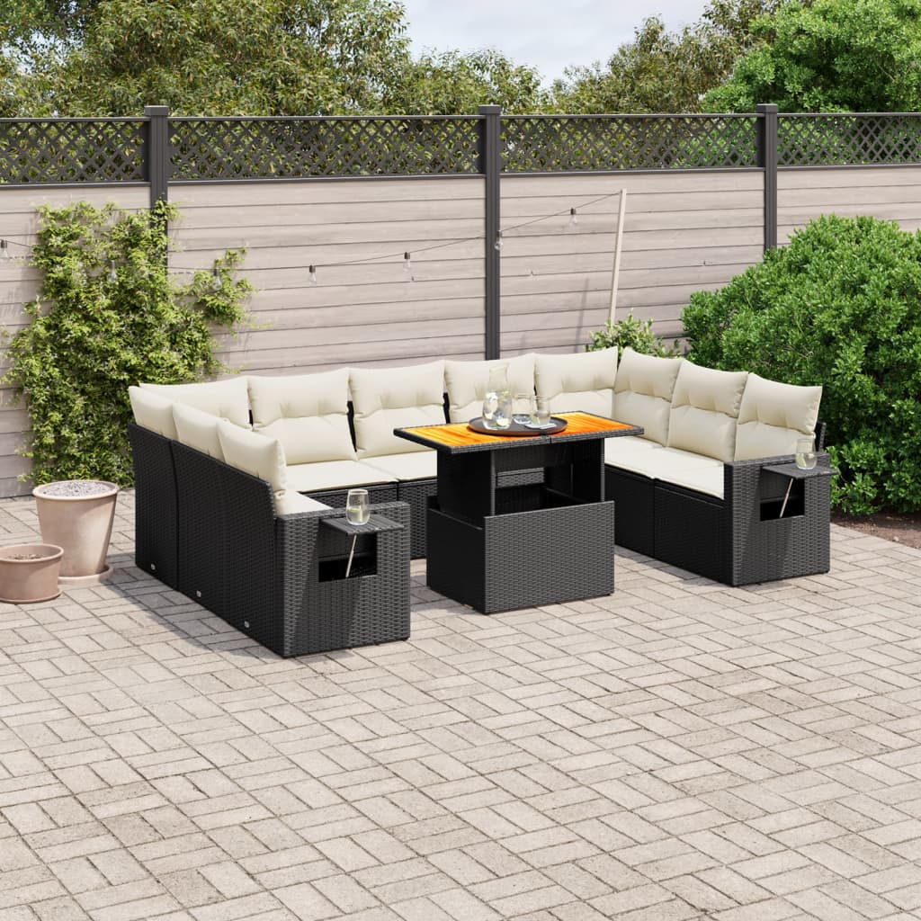 vidaXL 10-tlg. Garten-Sofagarnitur mit Kissen Schwarz Poly Rattan