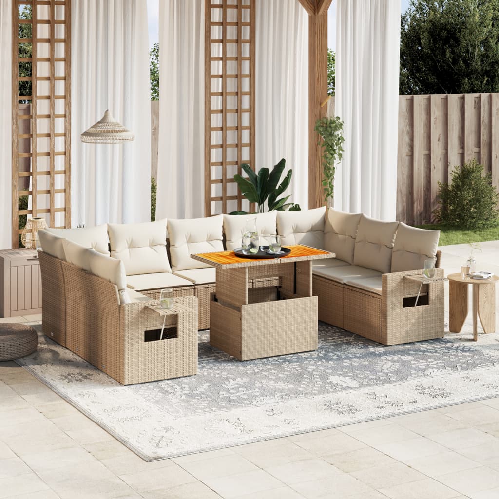 vidaXL 10-tlg. Garten-Sofagarnitur mit Kissen Beige Poly Rattan