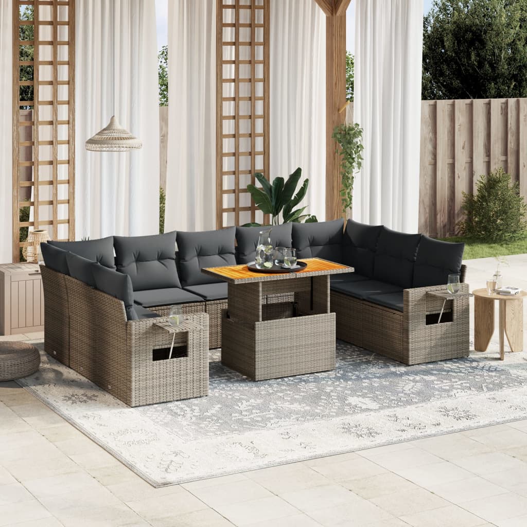 vidaXL 10-tlg. Garten-Sofagarnitur mit Kissen Grau Poly Rattan