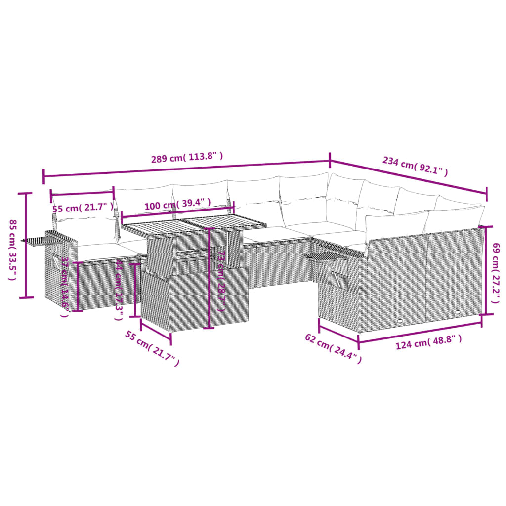 vidaXL 10-delige Loungeset met kussens poly rattan grijs afbeelding