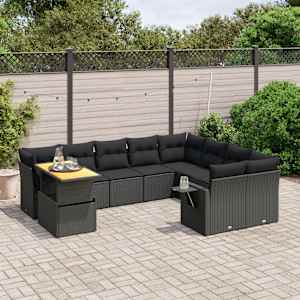 Vrtna sedežna garnitura 10-delna z blazinami črn poli ratan