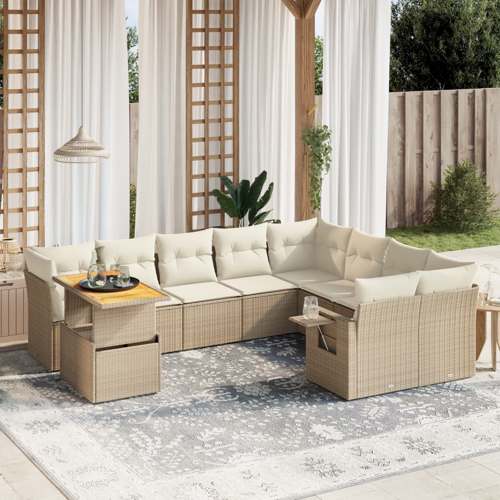 vidaXL 10-tlg. Garten-Sofagarnitur mit Kissen Beige Poly Rattan