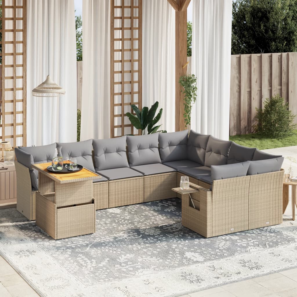 vidaXL 10-tlg. Garten-Sofagarnitur mit Kissen Beige Poly Rattan