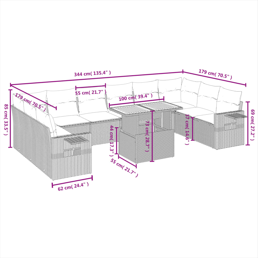 vidaXL 11-delige Loungeset met kussens poly rattan zwart afbeelding