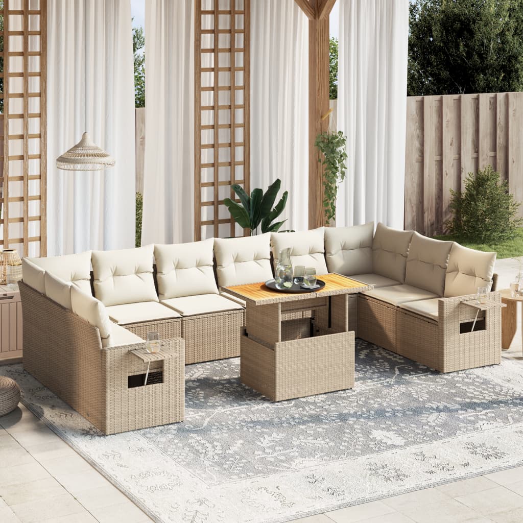 vidaXL 11-tlg. Garten-Sofagarnitur mit Kissen Beige Poly Rattan