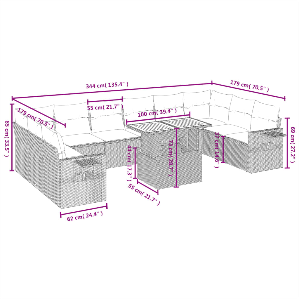 vidaXL 11-delige Loungeset met kussens poly rattan grijs afbeelding