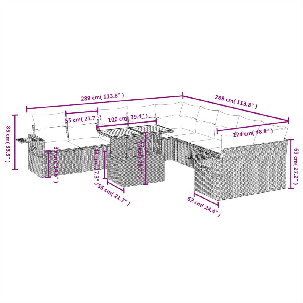 vidaXL 11-delige Tuinset met kussens poly rattan beige afbeelding