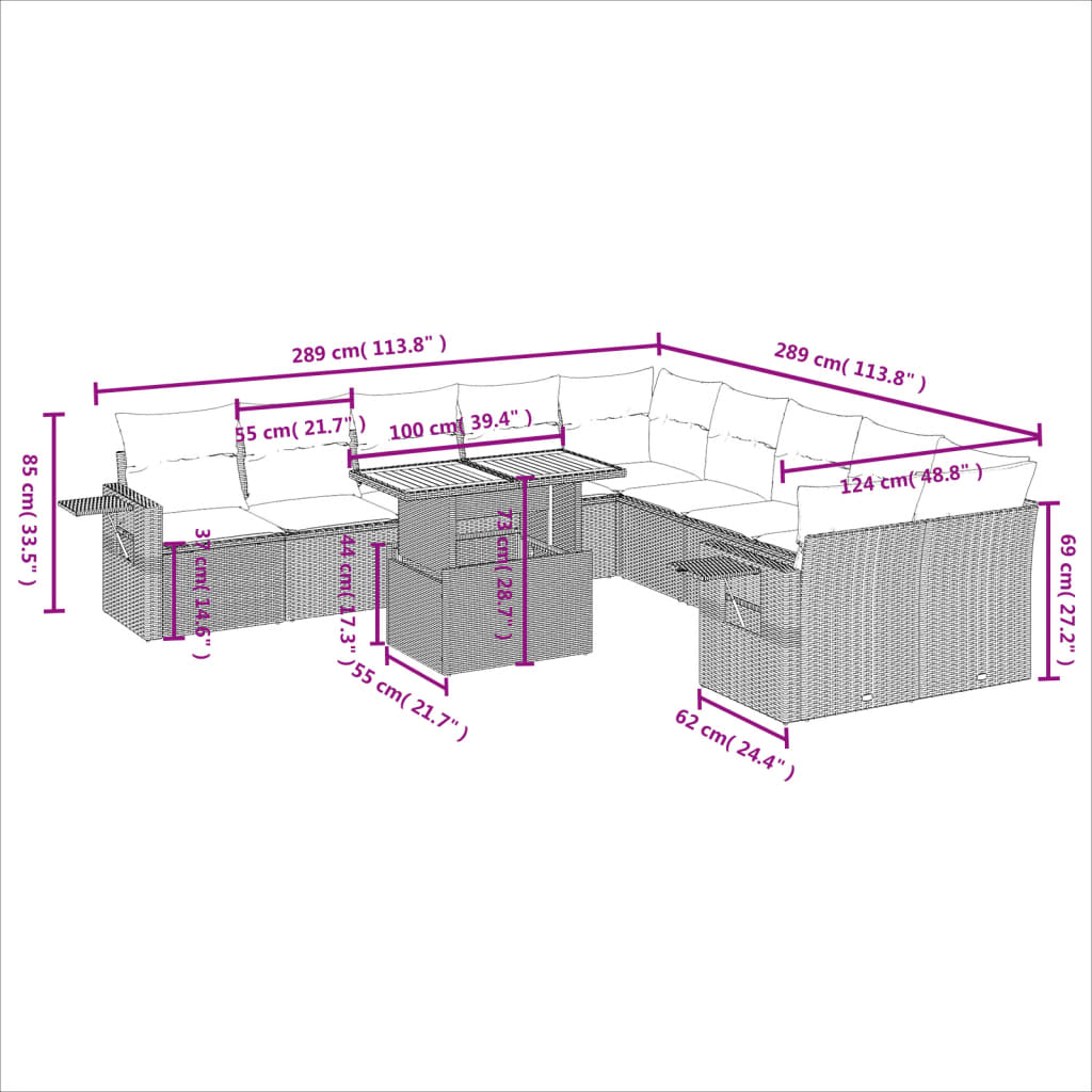 vidaXL 11-delige Loungeset met kussens poly rattan grijs afbeelding