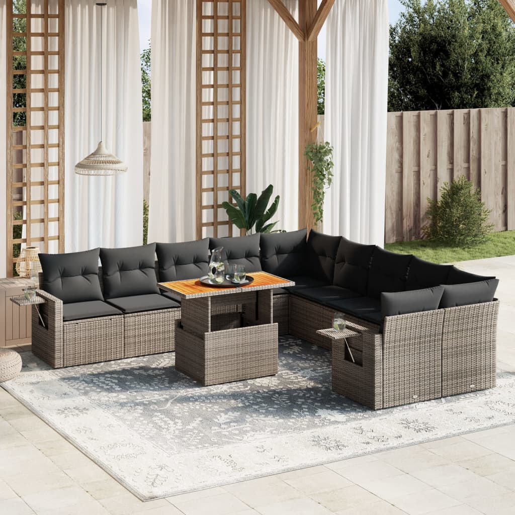 vidaXL 11-tlg. Garten-Sofagarnitur mit Kissen Grau Poly Rattan