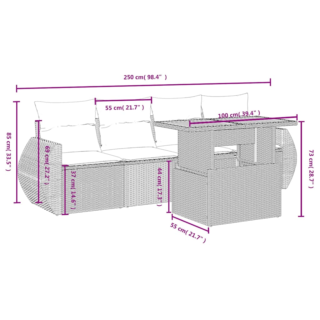 vidaXL 5-delige Loungeset met kussens poly rattan zwart afbeelding
