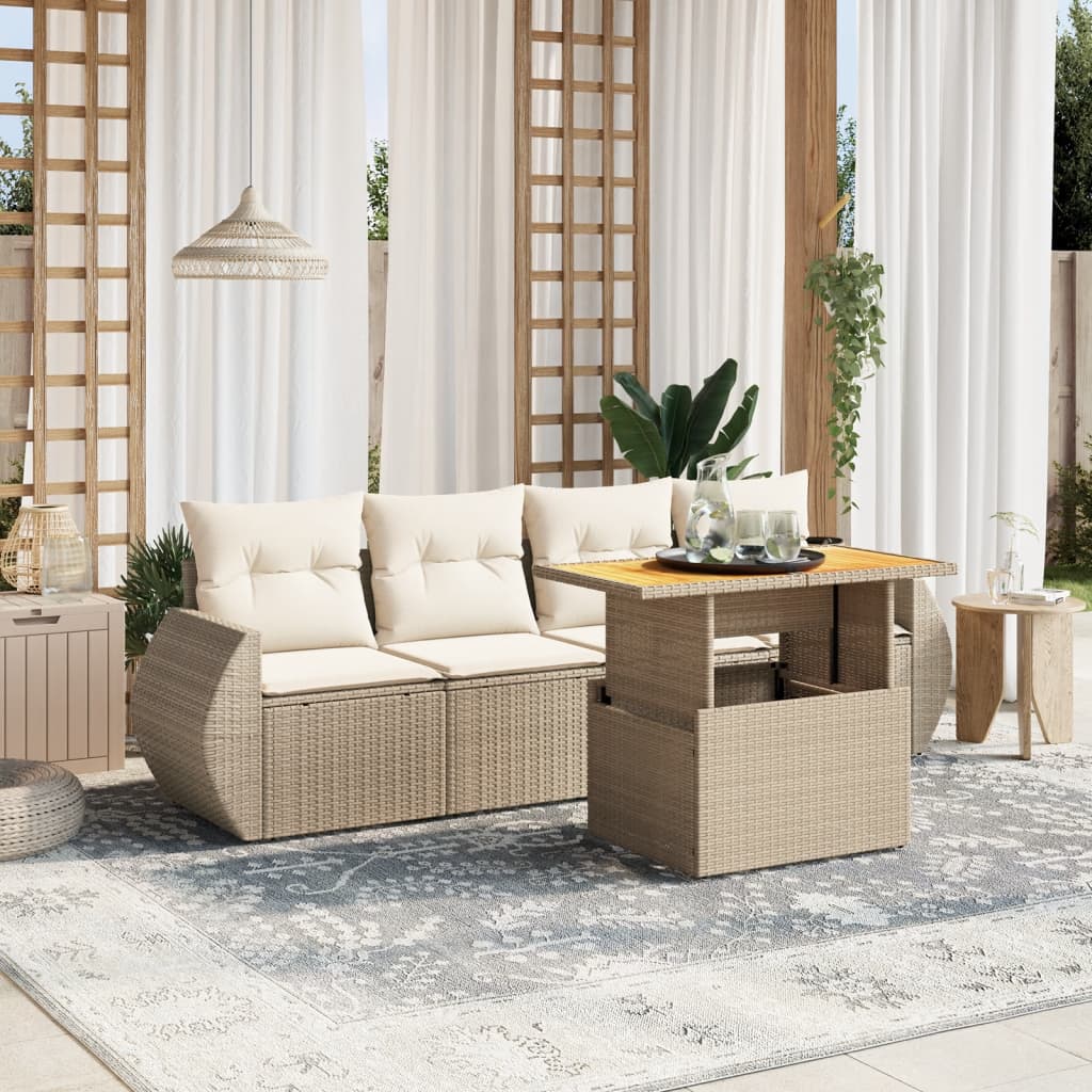 5-tlg. Garten-Sofagarnitur mit Kissen Beige Poly Rattan