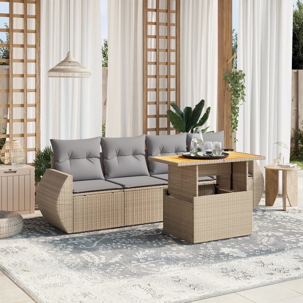 vidaXL 5-tlg. Garten-Sofagarnitur mit Kissen Beige Poly Rattan