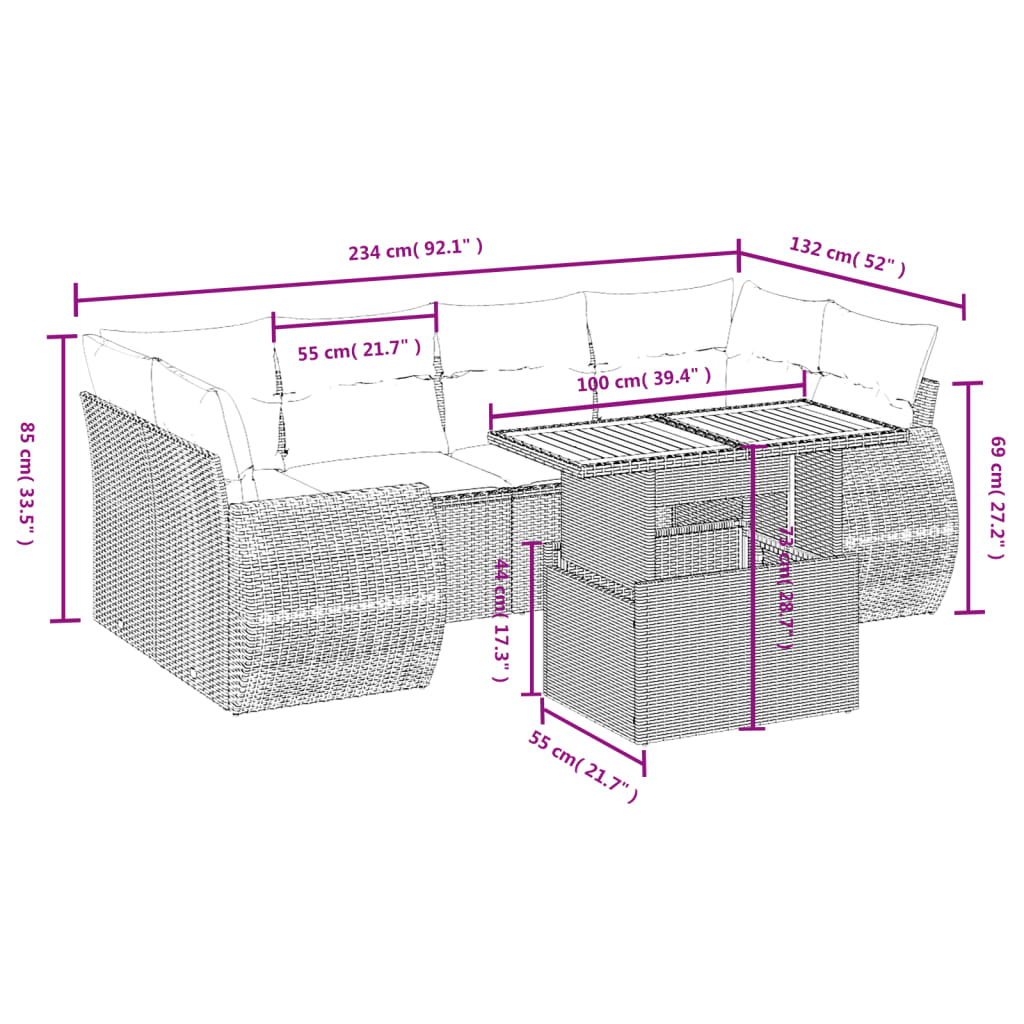 vidaXL 7-delige Loungeset met kussens poly rattan zwart afbeelding