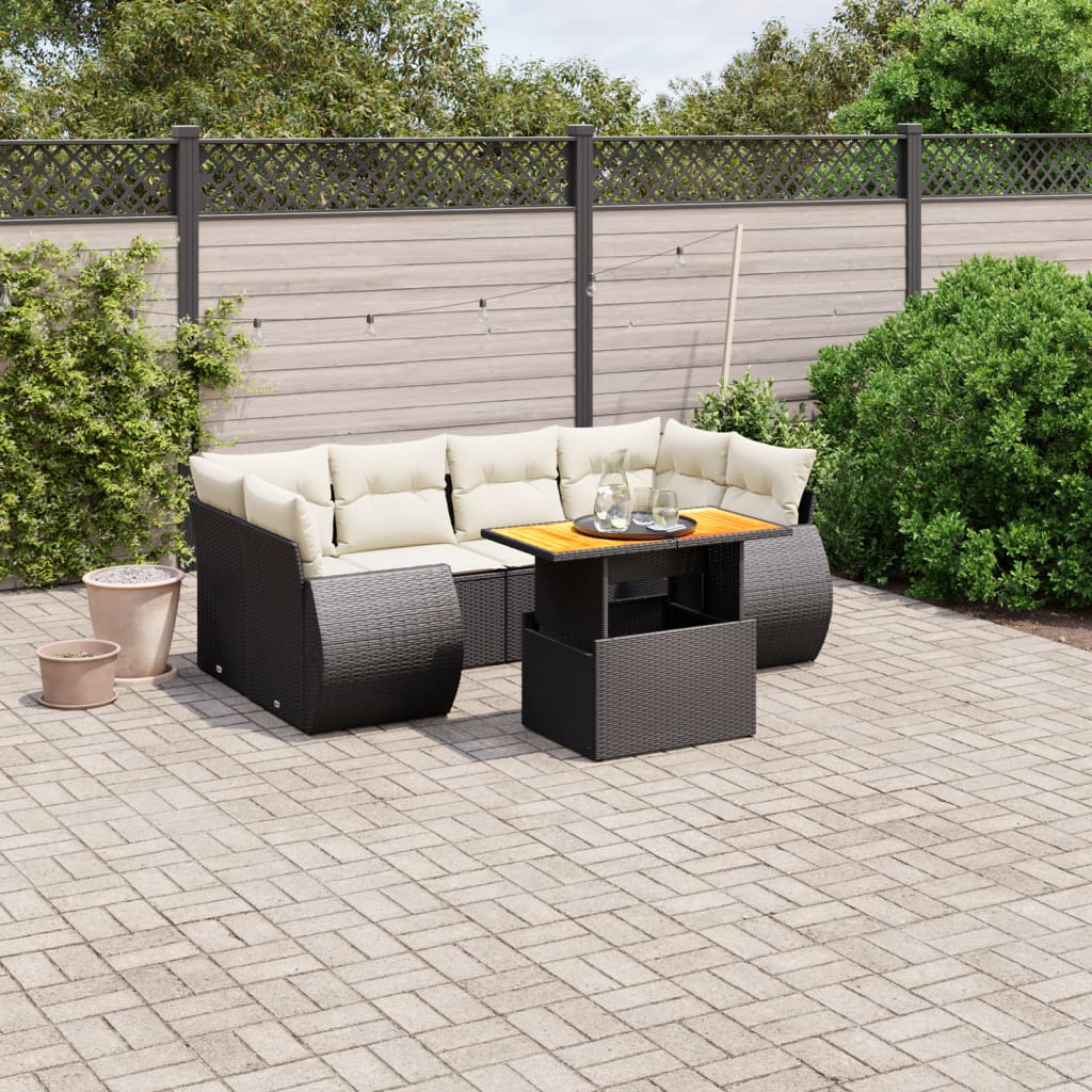 7-tlg. Garten-Sofagarnitur mit Kissen Schwarz Poly Rattan