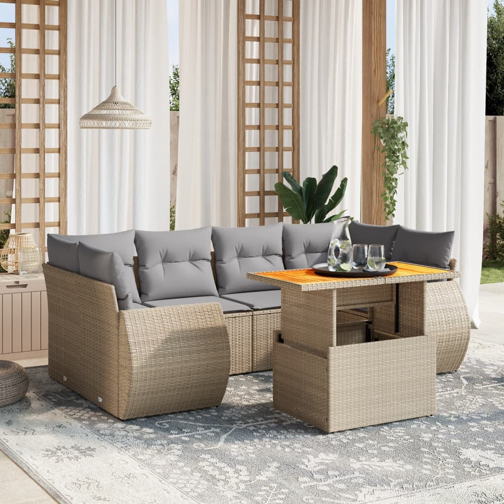 vidaXL 7-tlg. Garten-Sofagarnitur mit Kissen Beige Poly Rattan