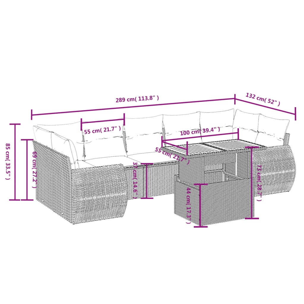 vidaXL 8-delige Loungeset met kussens poly rattan zwart afbeelding