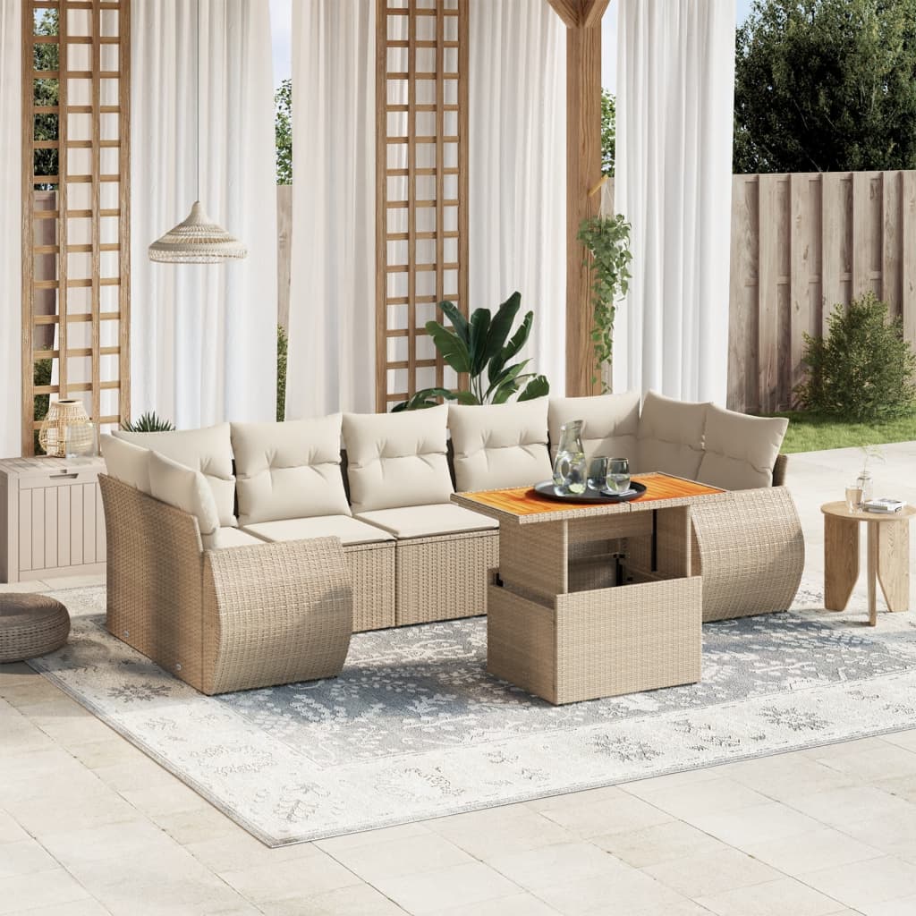 vidaXL 8-tlg. Garten-Sofagarnitur mit Kissen Beige Poly Rattan