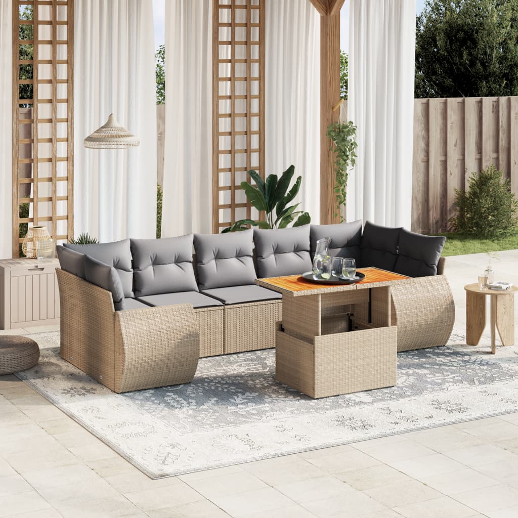 vidaXL 8-tlg. Garten-Sofagarnitur mit Kissen Beige Poly Rattan