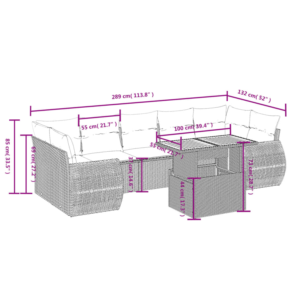 vidaXL 8-delige Loungeset met kussens poly rattan grijs afbeelding