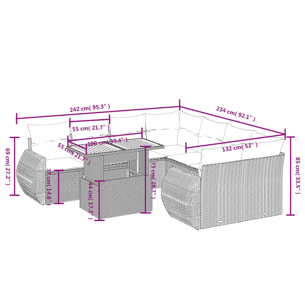 vidaXL 9-delige Loungeset met kussens poly rattan zwart afbeelding