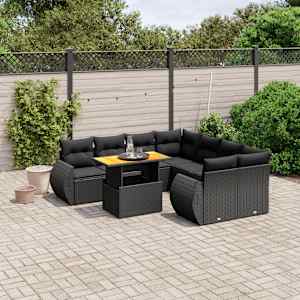 Vrtna sedežna garnitura 9-delna z blazinami črn poli ratan