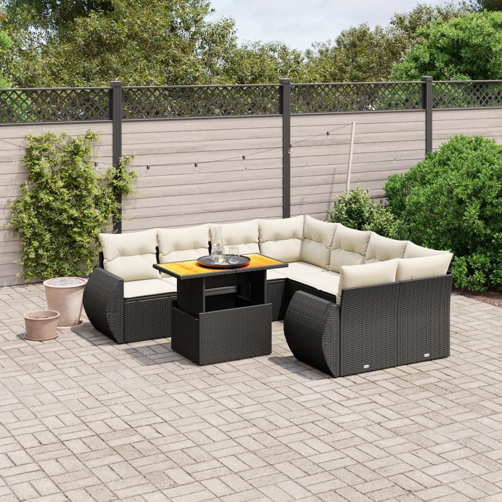 9-tlg. Garten-Sofagarnitur mit Kissen Schwarz Poly Rattan