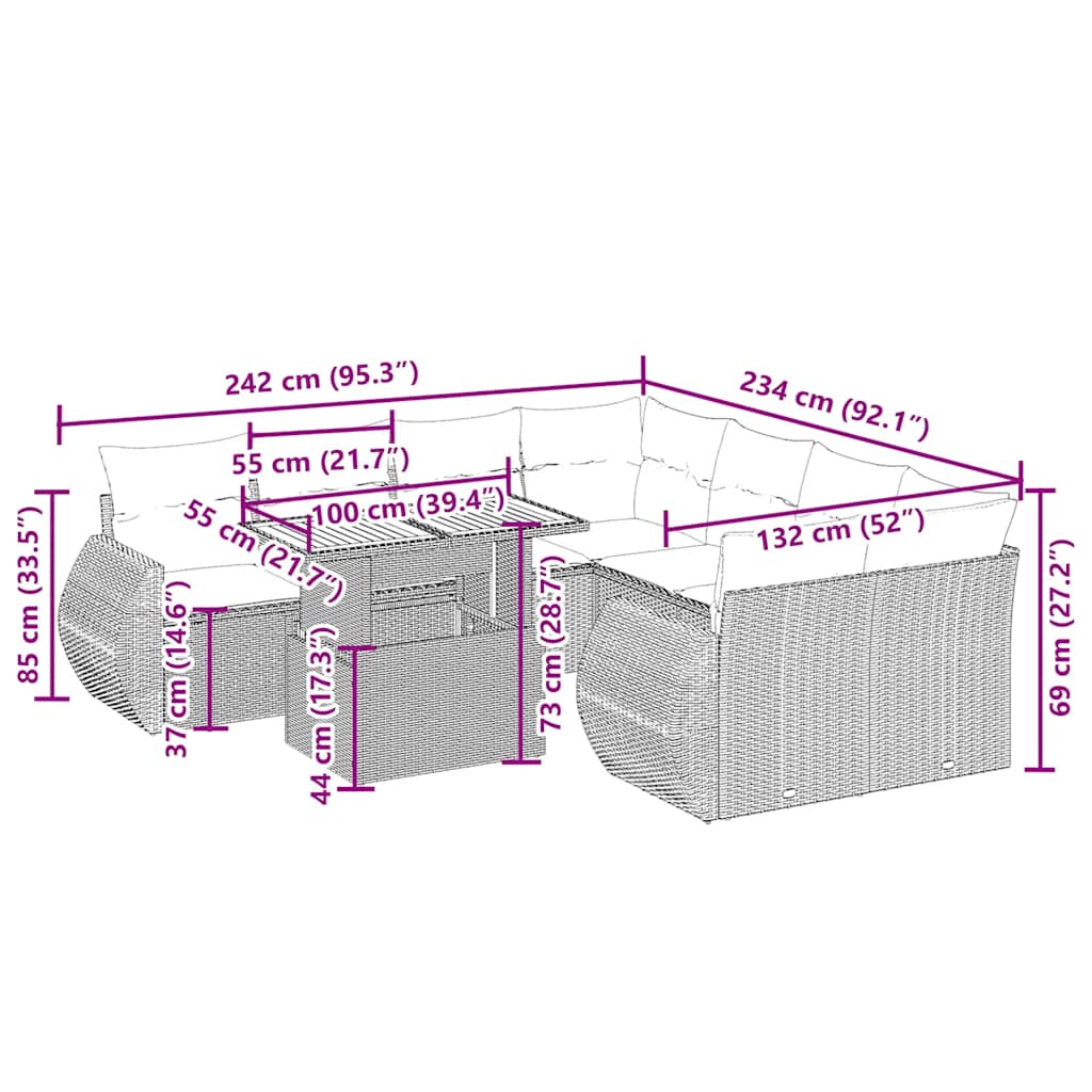 Set canapele de grădină, 9 piese, cu perne, bej, poliratan 3272122 - imagine 3