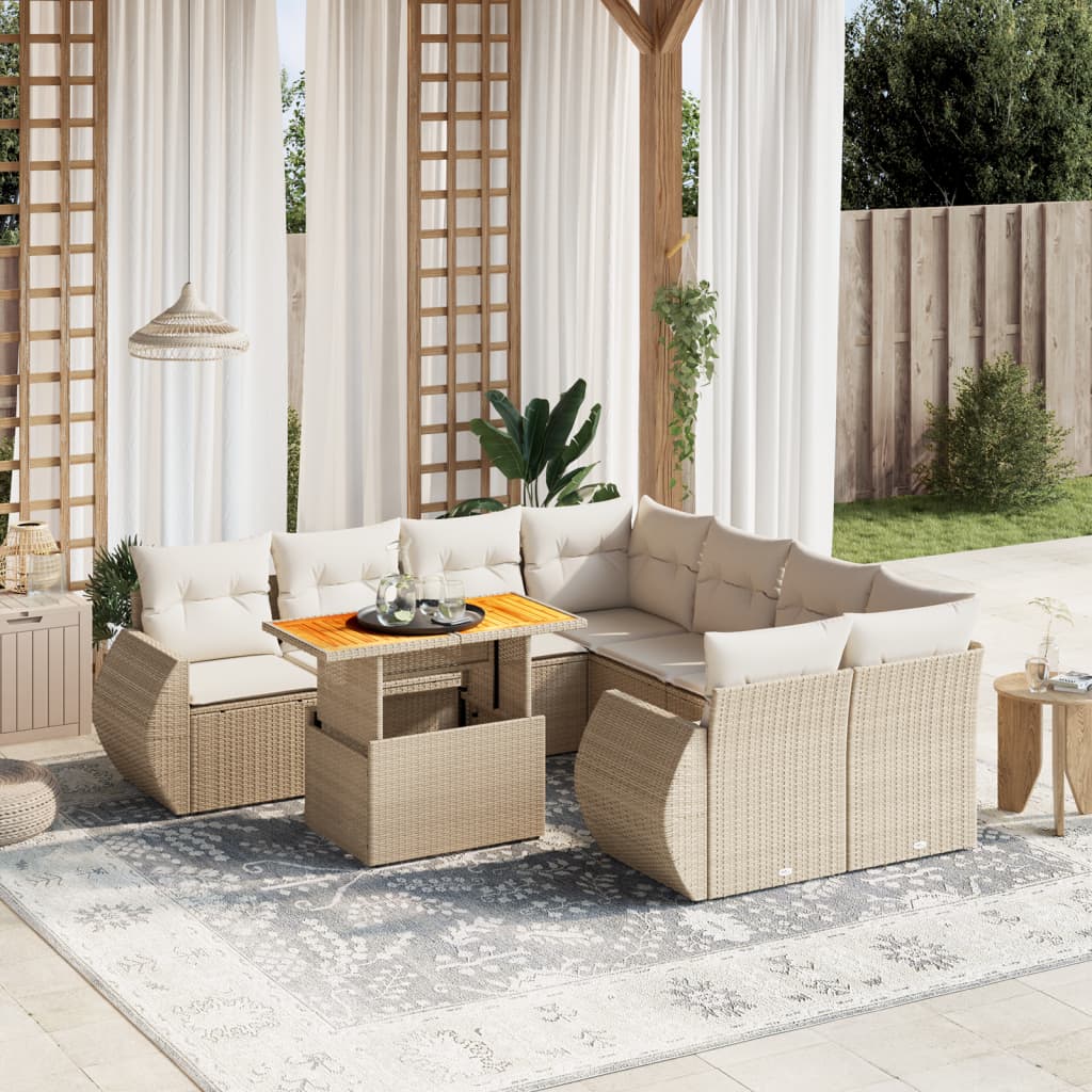 9-tlg. Garten-Sofagarnitur mit Kissen Beige Poly Rattan